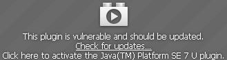 This plugin is vulnerable and should be updated.
Check for updates.
Click here to activate the Java(TM) Platform SE 7 U plugin